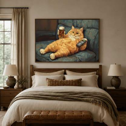 Large framed cat oil painting canvas hung above bed in warm neutral farmhouse bedroom setting