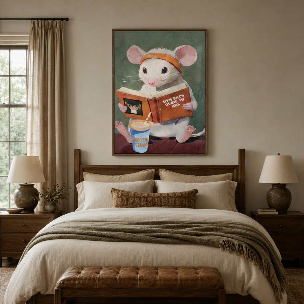 Humorous fitness mouse canvas print hanging above wooden bed frame in cozy neutral bedroom with dual ceramic lamps