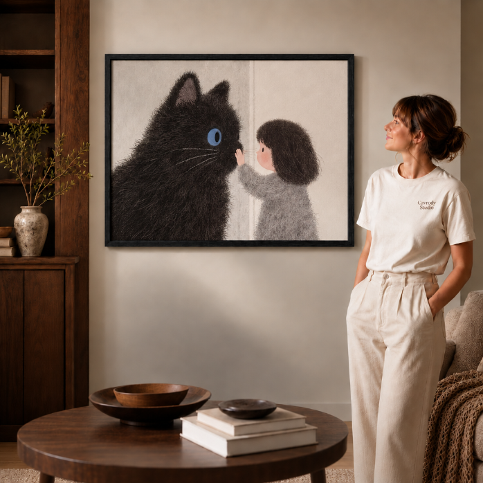 Unframed cat and girl canvas wall art above a round table