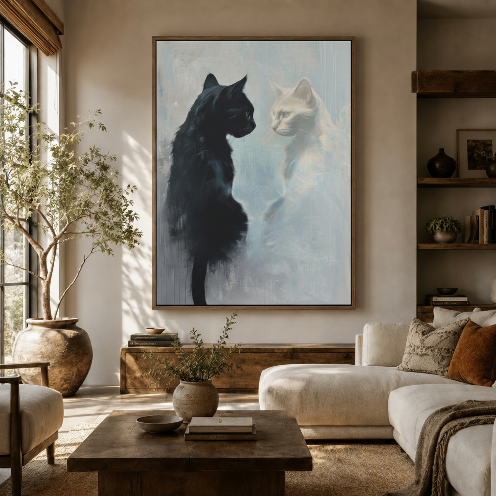 Black and white cat oil painting hanging in a sunlit organic modern living room with white sofa