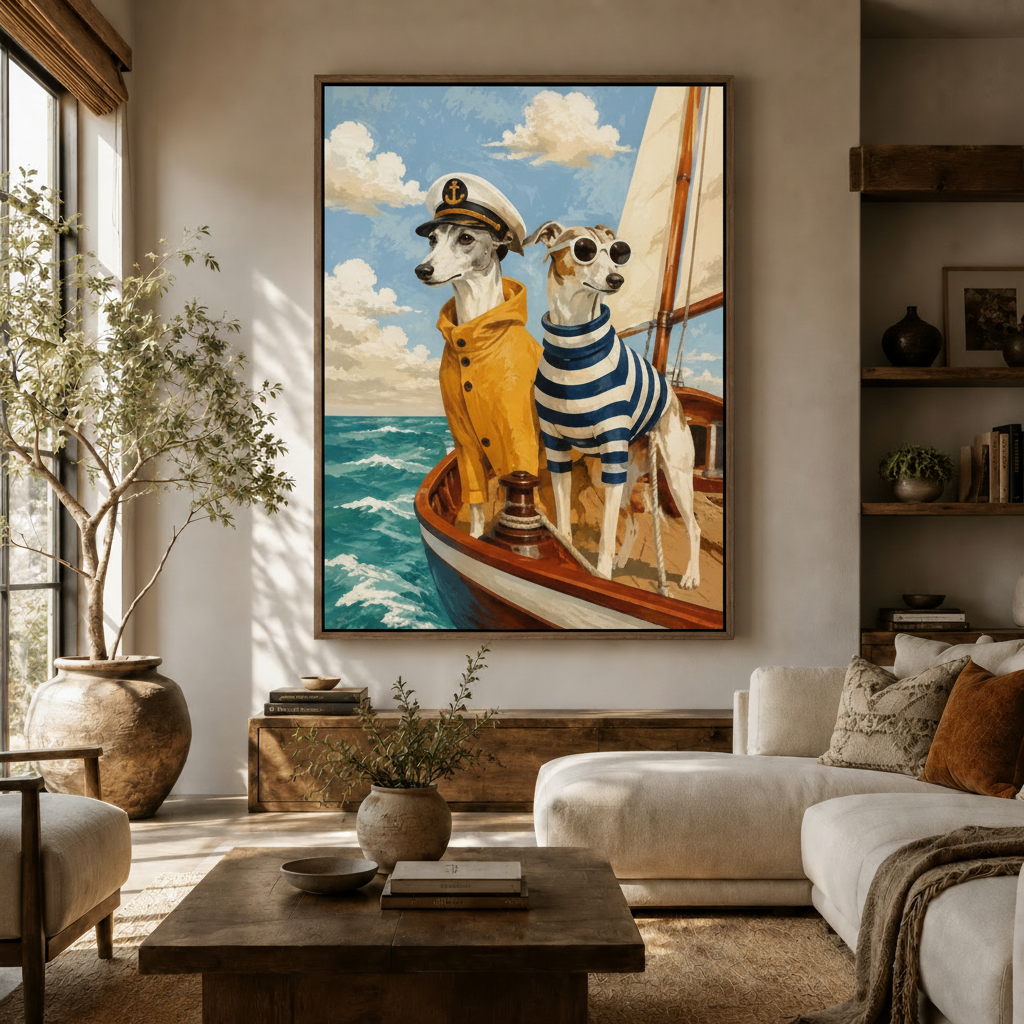 Framed greyhound illustration wall art above wooden bed in cozy neutral bedroom setting