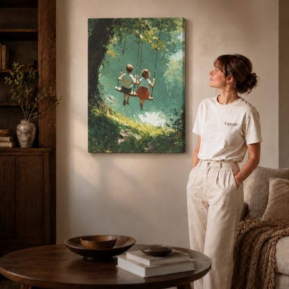 Gallery-wrapped canvas of two children on a forest swing displayed beside a round wood coffee table.