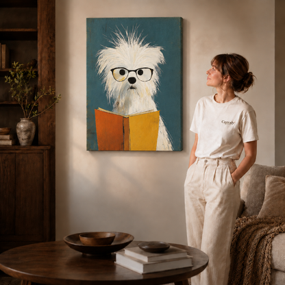 Shaggy white dog portrait in glasses displayed above a sofa beside a woman in a bright room.