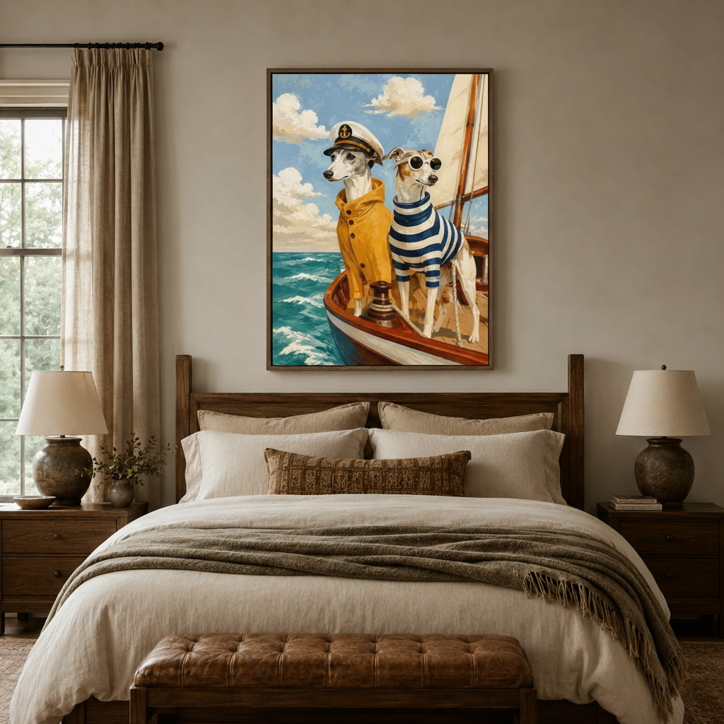 Framed greyhound illustration wall art above wooden bed in cozy neutral bedroom setting