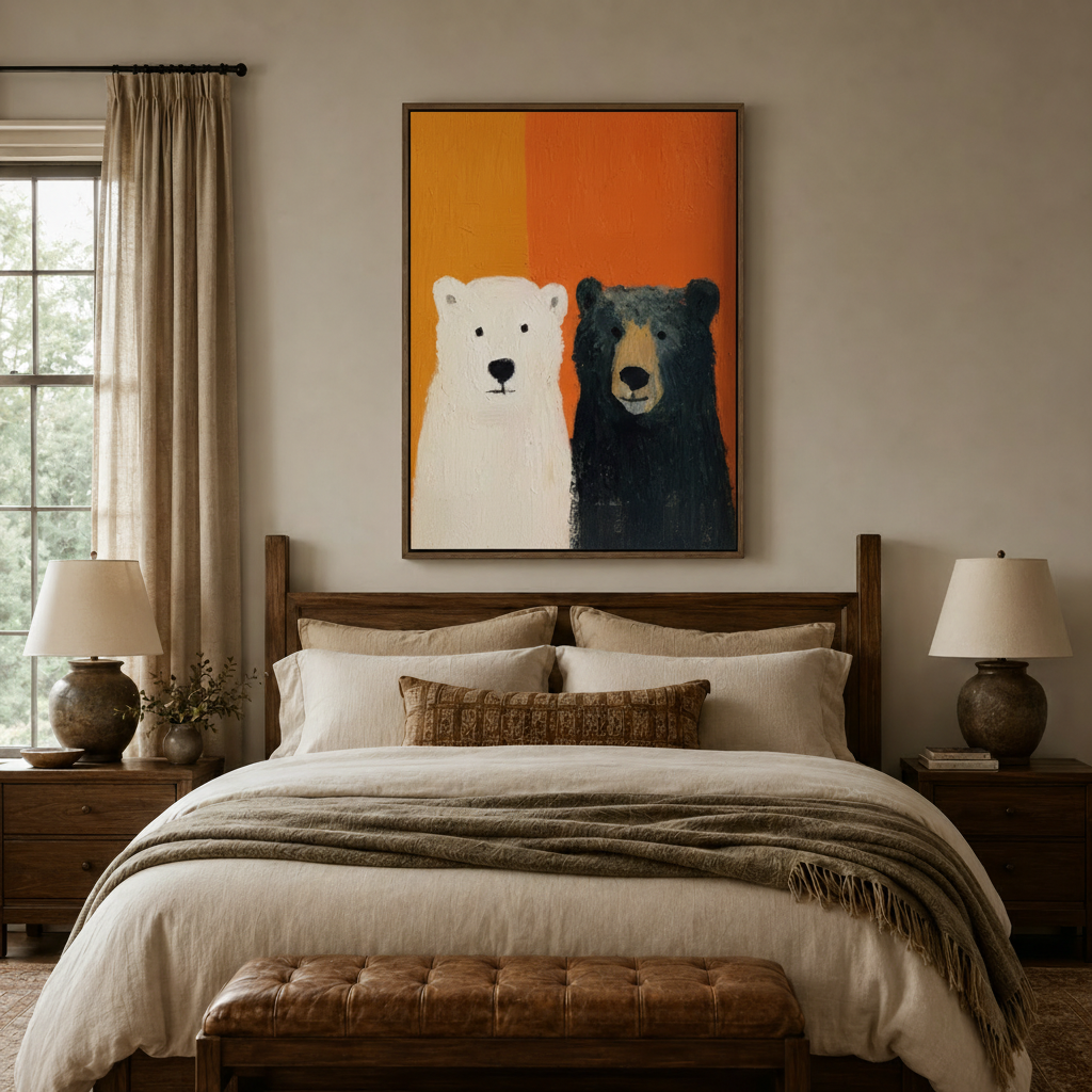 White and black bear canvas wall art above a wood-framed bed in a cozy farmhouse bedroom