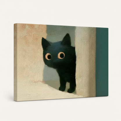 Gallery-wrapped black cat canvas print, side-angle view showing wrap depth and texture