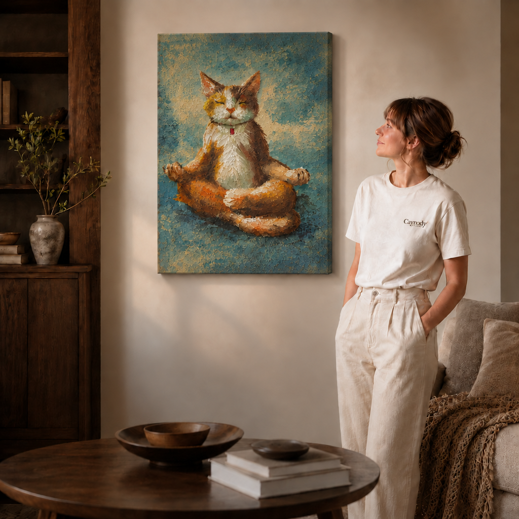 Meditating cat portrait in warm tones displayed above a sofa.