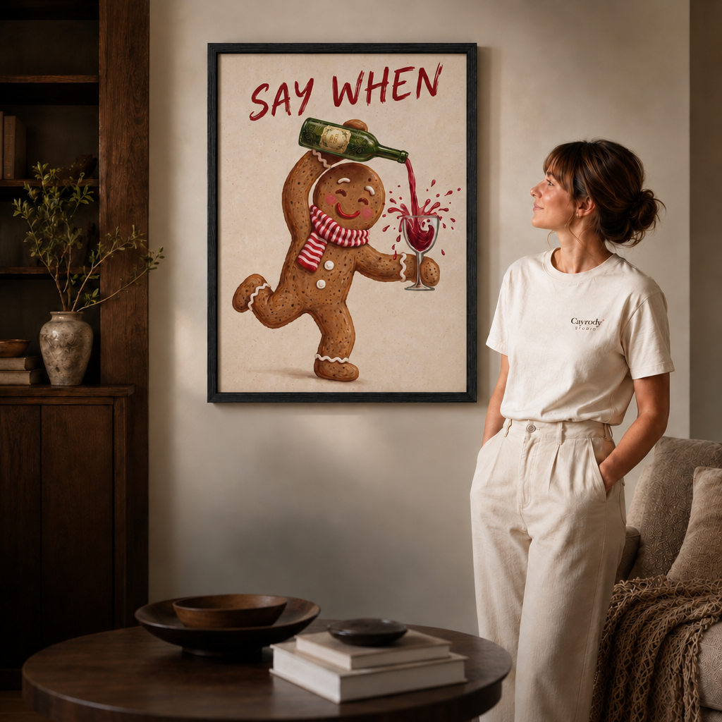 Gallery-wrapped canvas of a dancing gingerbread man pouring wine, displayed near a round coffee table.
