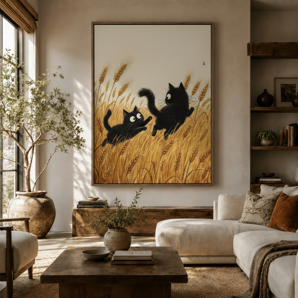 Large black cat wheat field canvas print hanging above sofa in bright boho living room with wood accents