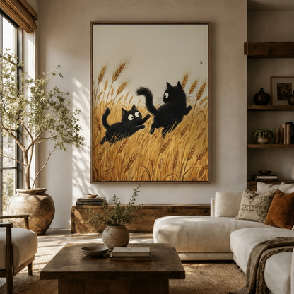Large black cat wheat field canvas print hanging above sofa in bright boho living room with wood accents