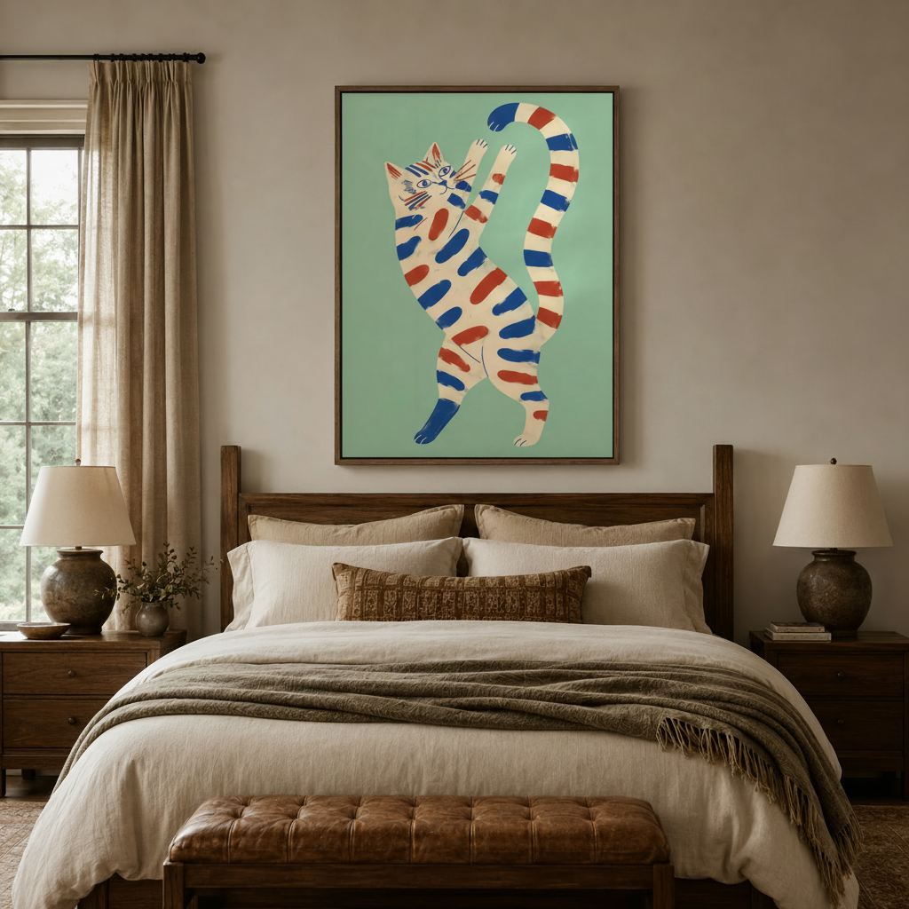 Folk art dancing cat canvas print centered above a rustic wood bed frame in a cozy neutral bedroom