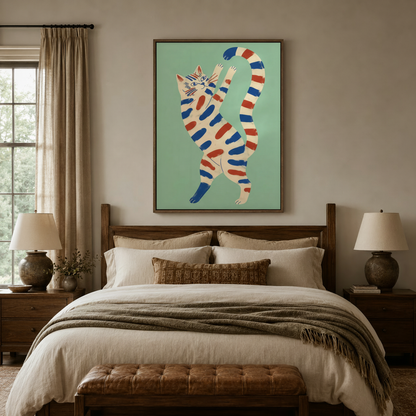 Folk art dancing cat canvas print centered above a rustic wood bed frame in a cozy neutral bedroom