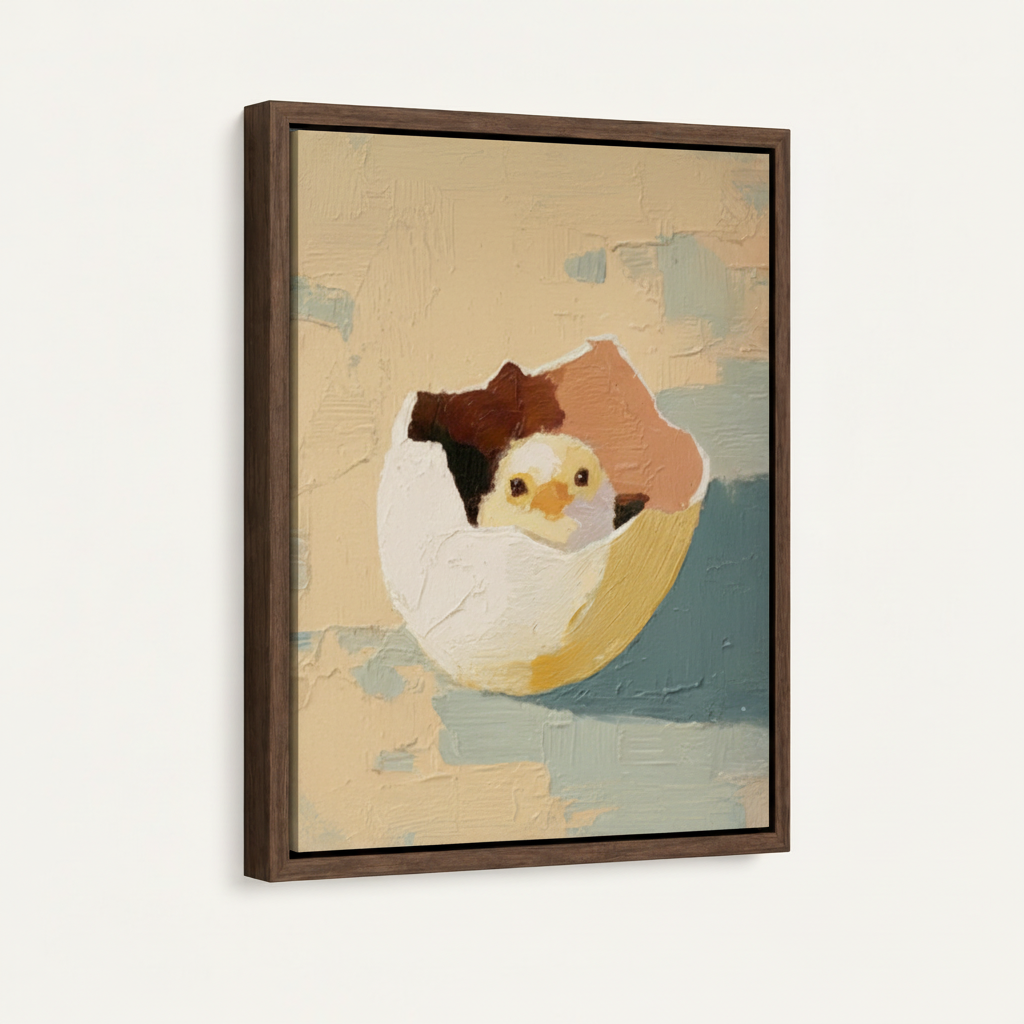 Framed hatching chick oil painting canvas angled side view showing thick textured brushwork and warm tones