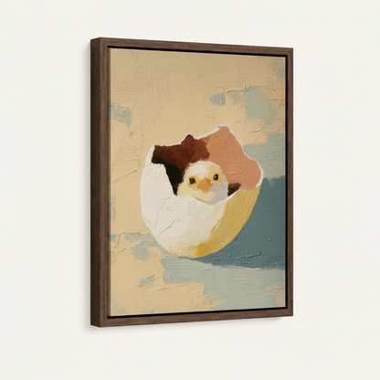 Framed hatching chick oil painting canvas angled side view showing thick textured brushwork and warm tones