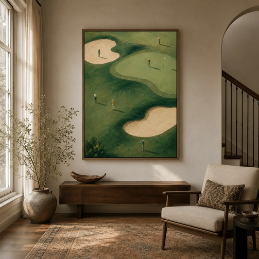 Vintage golf course aerial canvas wall art displayed in a warm neutral entryway above a wooden console table