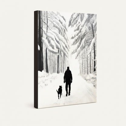 Gallery-wrapped black and white dog walk canvas showing snowy pine forest path with deep wraparound edges