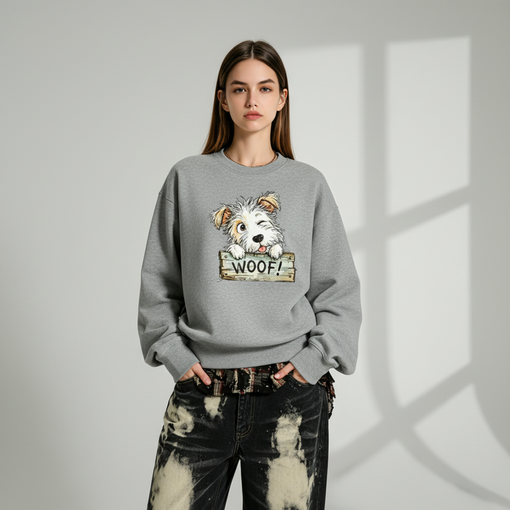 Woof Fluffy Puppy Wood Sign Crewneck C1130