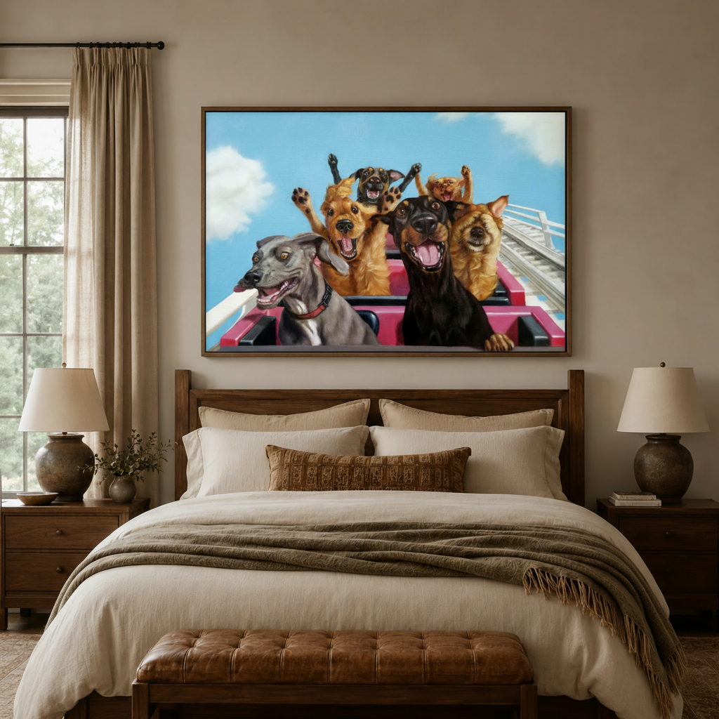Funny animal oil painting canvas in float frame above bed in cozy bedroom interior