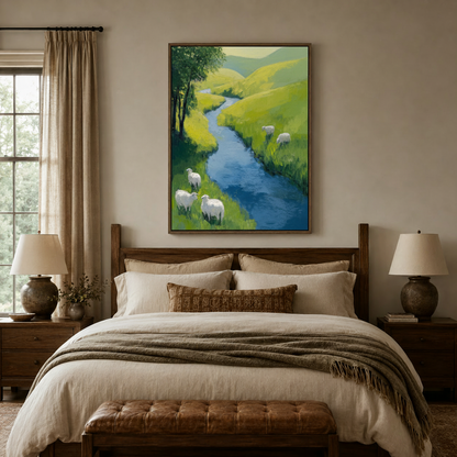 Impressionist countryside stream painting displayed above bed in a neutral modern bedroom
