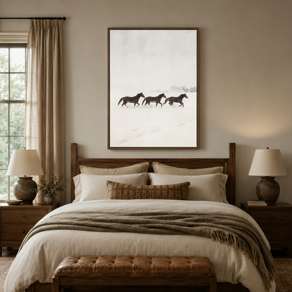 Three horses galloping through snow canvas print above bed in cozy neutral bedroom interior
