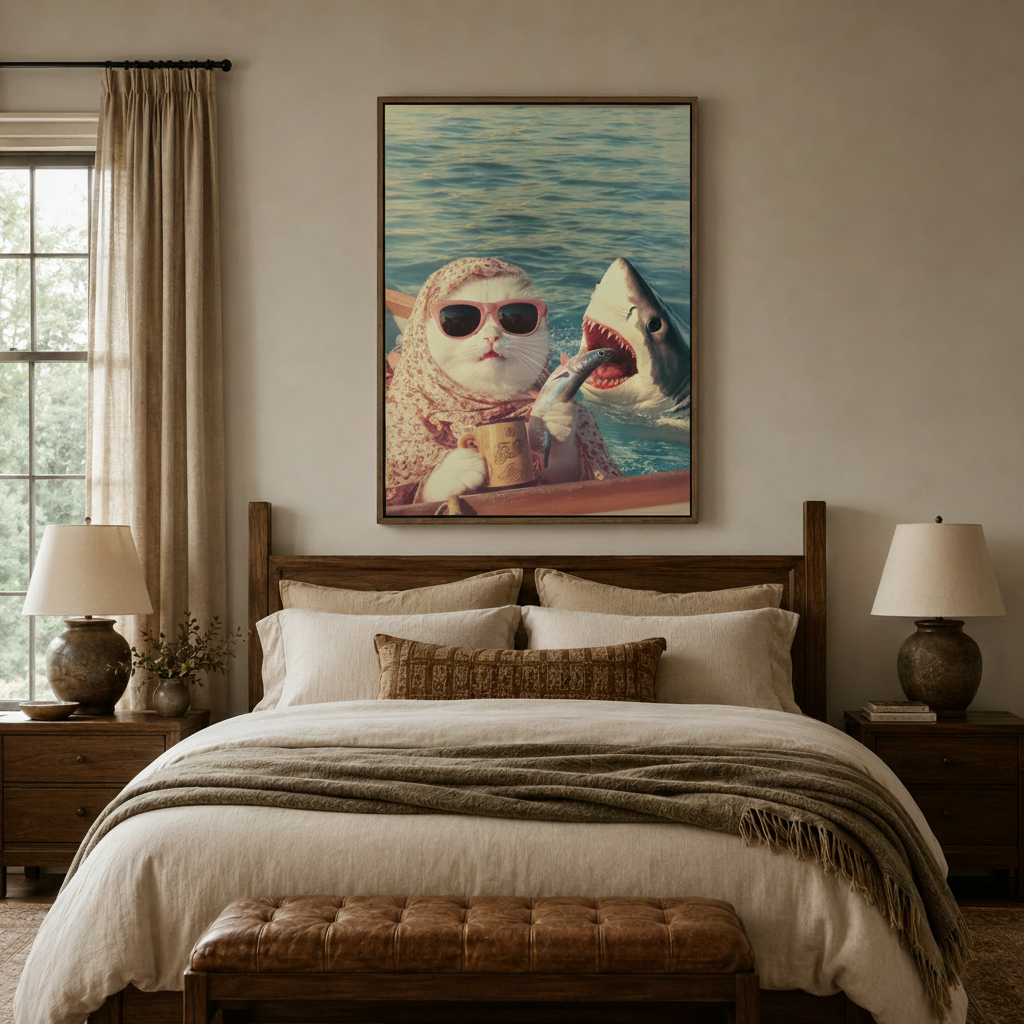 Funny cat shark canvas print in dark walnut float frame centered above bed in neutral bedroom