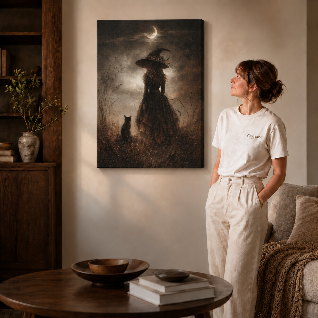 Atmospheric witch and black cat canvas displayed in a contemporary living room.