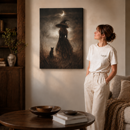 Atmospheric witch and black cat canvas displayed in a contemporary living room.