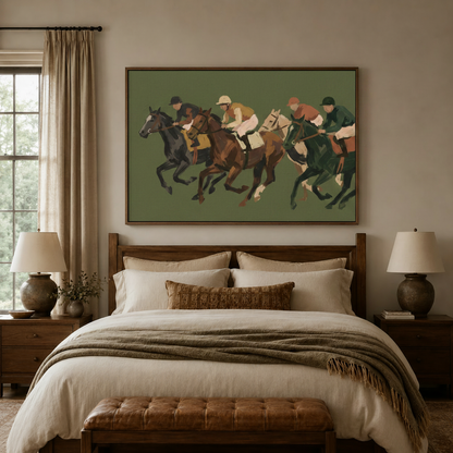 Horse racing canvas wall art above a wooden bed in an earthy-toned bedroom with warm lighting