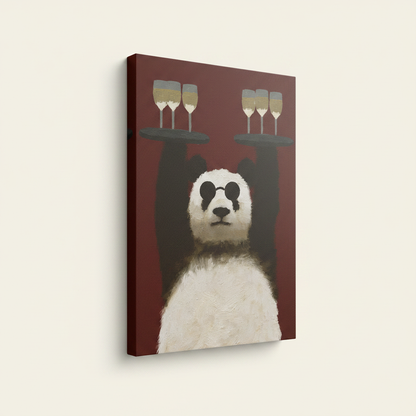 Gallery wrapped canvas print of cool panda waiter with champagne trays shown at angle