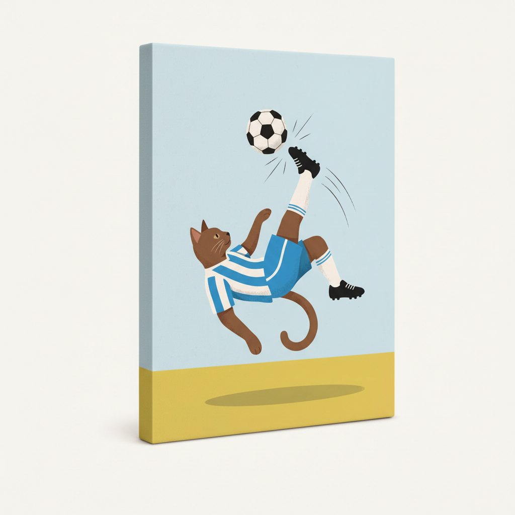 Gallery-wrapped canvas showing cartoon cat soccer player mid-bicycle kick with yellow ground shadow