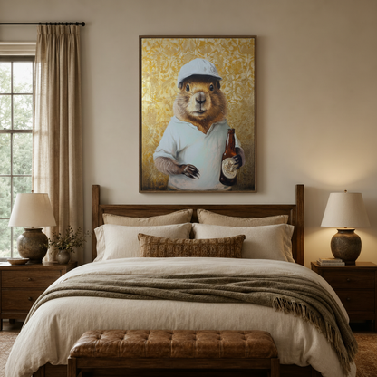 Capybara in baseball cap canvas print in walnut frame above linen bed in cozy warm-toned bedroom