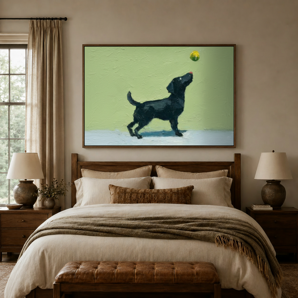 Impasto dog canvas wall art above bed in cozy neutral bedroom with linen bedding and walnut furniture