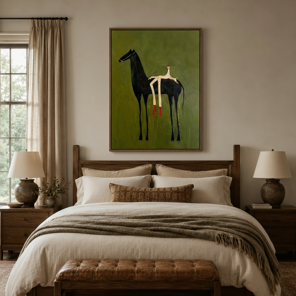 Folk art black horse rider canvas print in dark walnut floating frame above linen bed in cozy bedroom