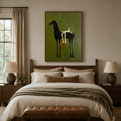 Folk art black horse rider canvas print in dark walnut floating frame above linen bed in cozy bedroom