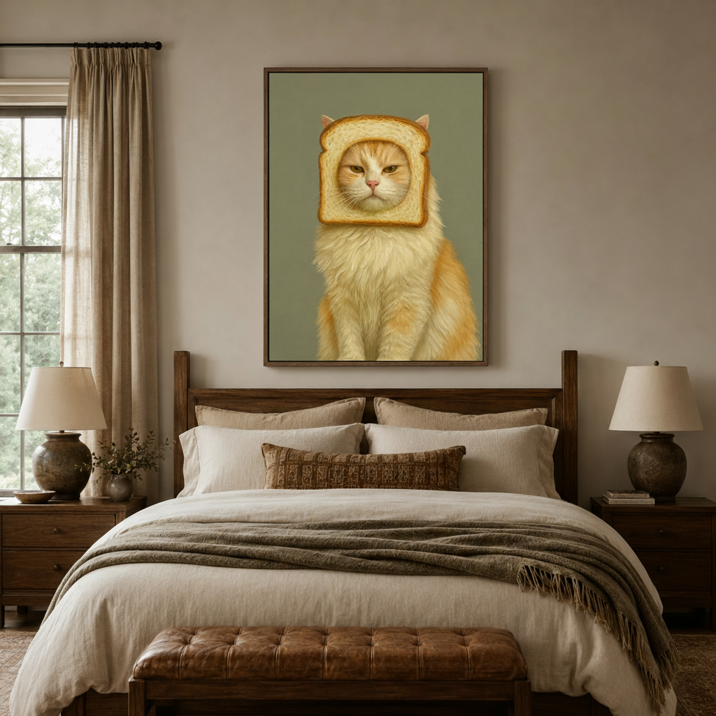 Funny cat canvas wall art displayed above bed in warm neutral bedroom