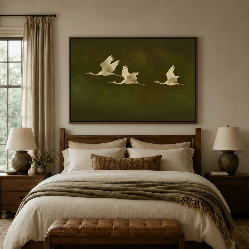 Flying cranes oil painting canvas displayed above bed in cozy warm-toned bedroom interio