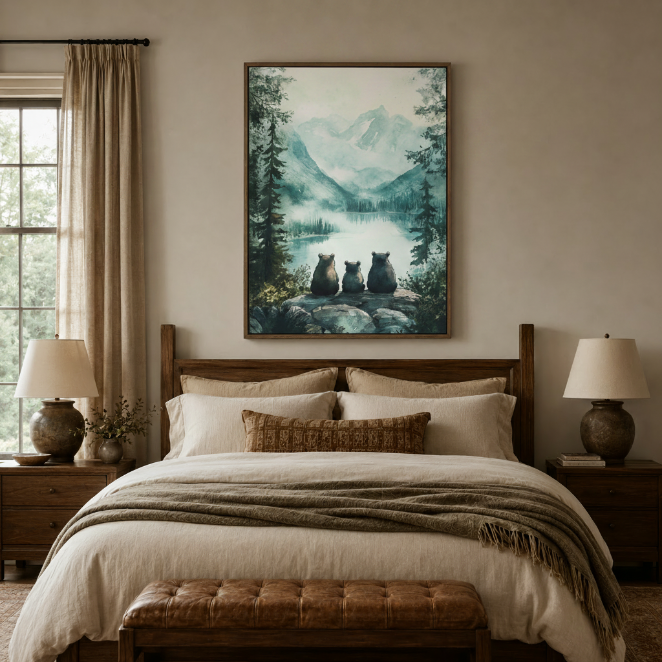 Mountain lake bear watercolor art in dark walnut frame above bed in warm earthy bedroom