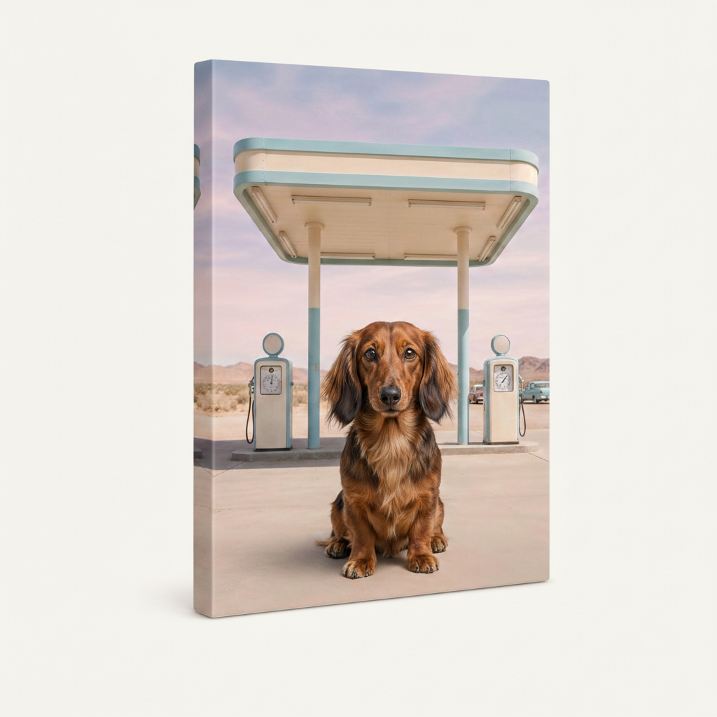 Gallery-wrapped long-haired dachshund retro desert canvas with soft pastel sky tones wrapping left edge