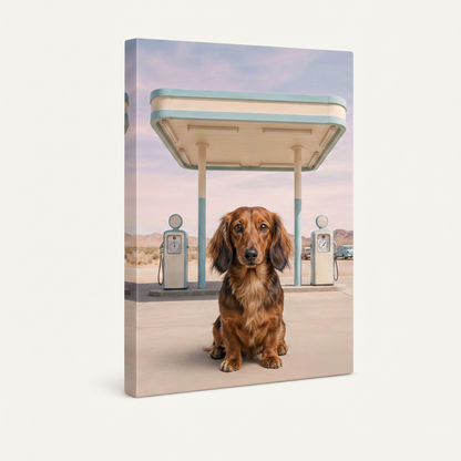 Gallery-wrapped long-haired dachshund retro desert canvas with soft pastel sky tones wrapping left edge