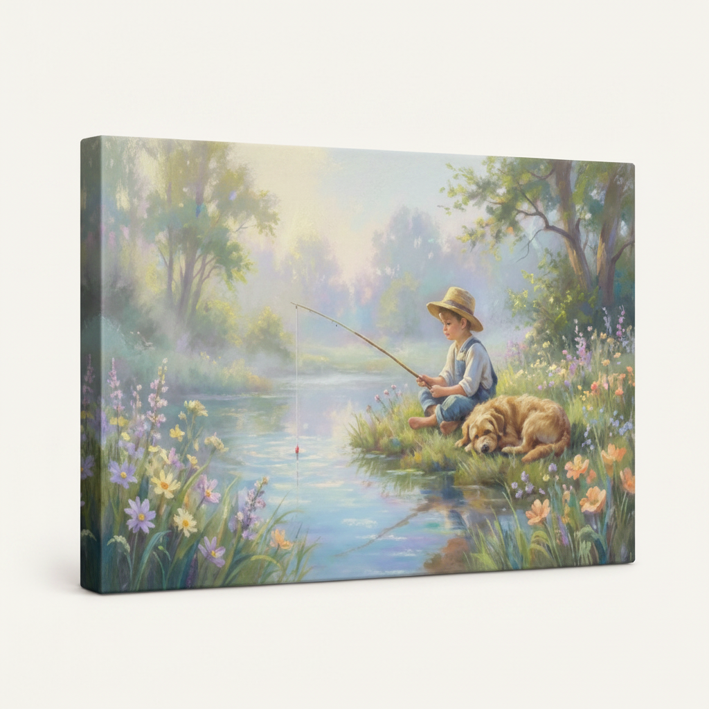 Gallery-wrapped pastoral boy and dog fishing canvas wall art with painted wrap edges at left-angle view