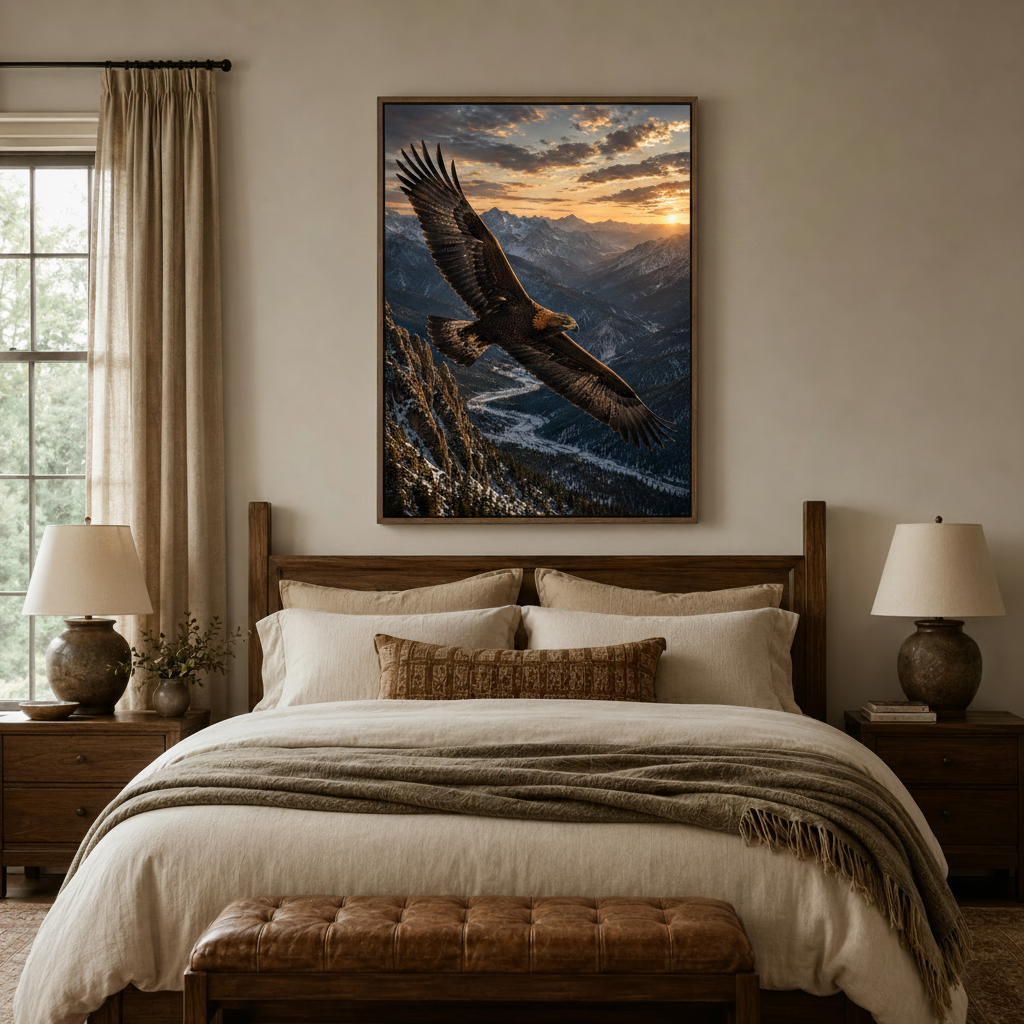 Mountain sunset eagle wall art above bed in cozy bedroom interior