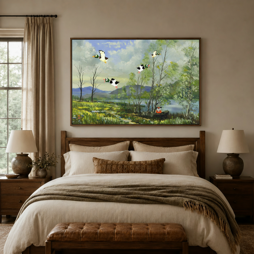 Spring landscape wall art in float frame above bed in cozy neutral bedroom