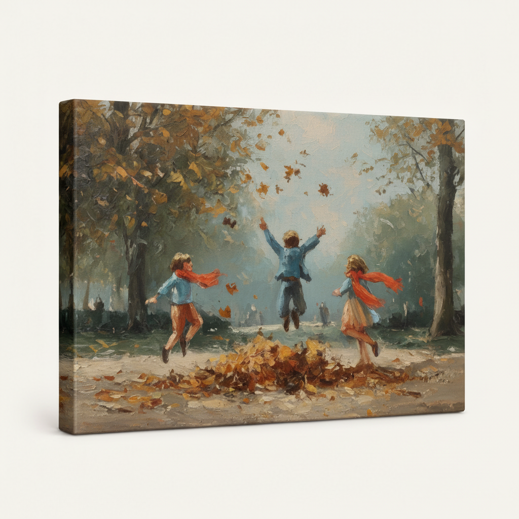 Gallery-wrapped children autumn park jumping leaves canvas, 3/4 angle showing warm amber and grey-blue tones on wrap edges