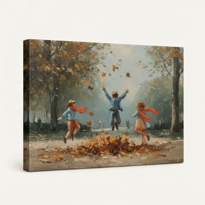 Gallery-wrapped children autumn park jumping leaves canvas, 3/4 angle showing warm amber and grey-blue tones on wrap edges
