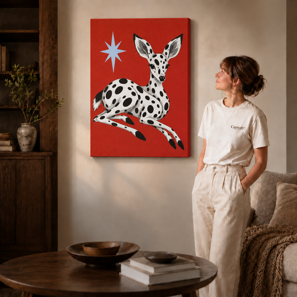 Frameless spotted fawn canvas styled beside a woman in a neutral interior