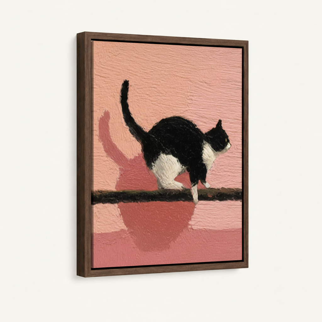 Angled close-up of framed black and white cat canvas in walnut float frame showing oil texture and pink shadow detail
