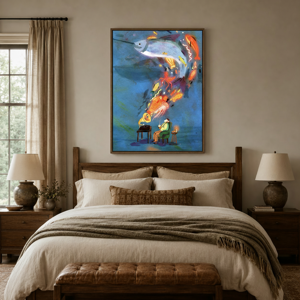 Gramophone ocean surrealist illustration canvas art in walnut frame above linen bed in cozy bedroom
