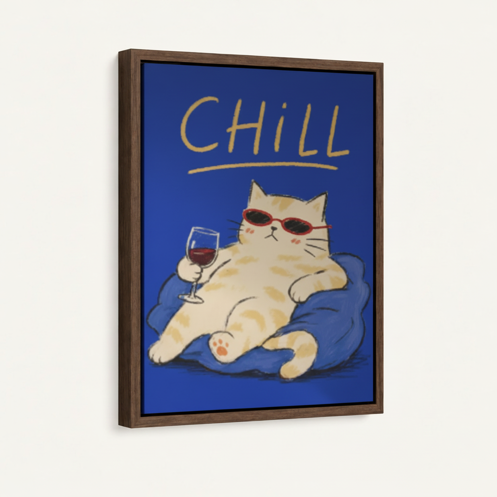 CHILL cat sunglasses wine glass canvas in dark walnut float frame, 3/4 angle showing frame depth
