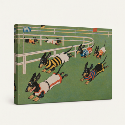 Gallery wrapped dachshund race vintage cartoon canvas side view showing bright green track tones wrapping edges