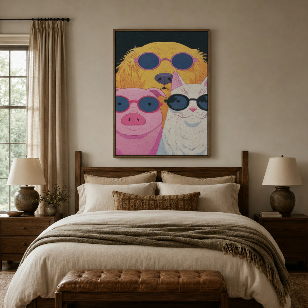 Pop art animal canvas print above bed in neutral bedroom with warm lighting